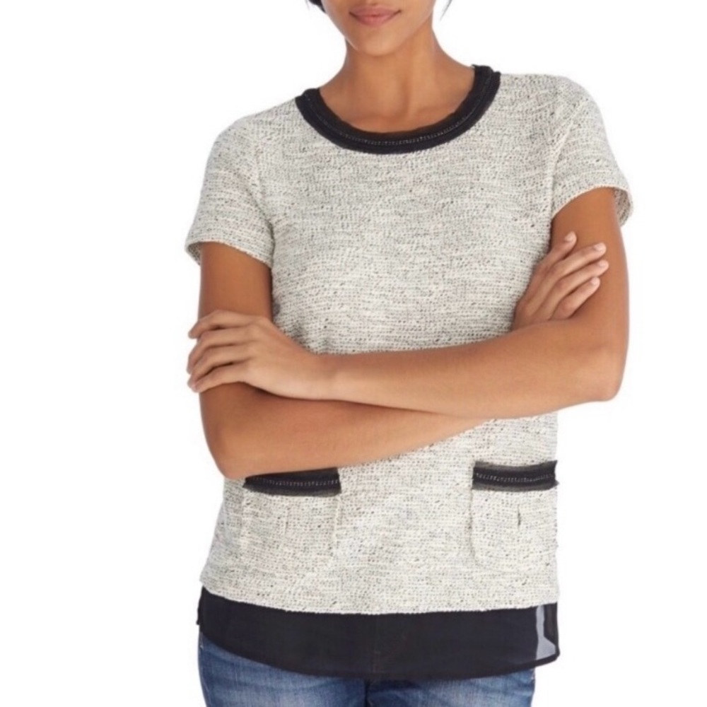 WHBM XS Black & White Tweed Top